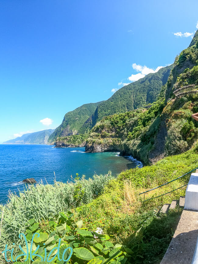 A rugged, lushly green mountain coastline in Madeira, with turquoise ocean waters crashing at the base of the cliffs.