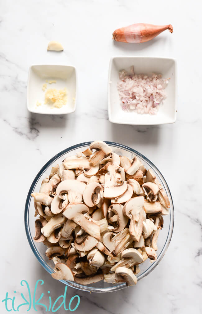 Shallots, garlic, and mushrooms cut for Recipe for Mushrooms on Toast.