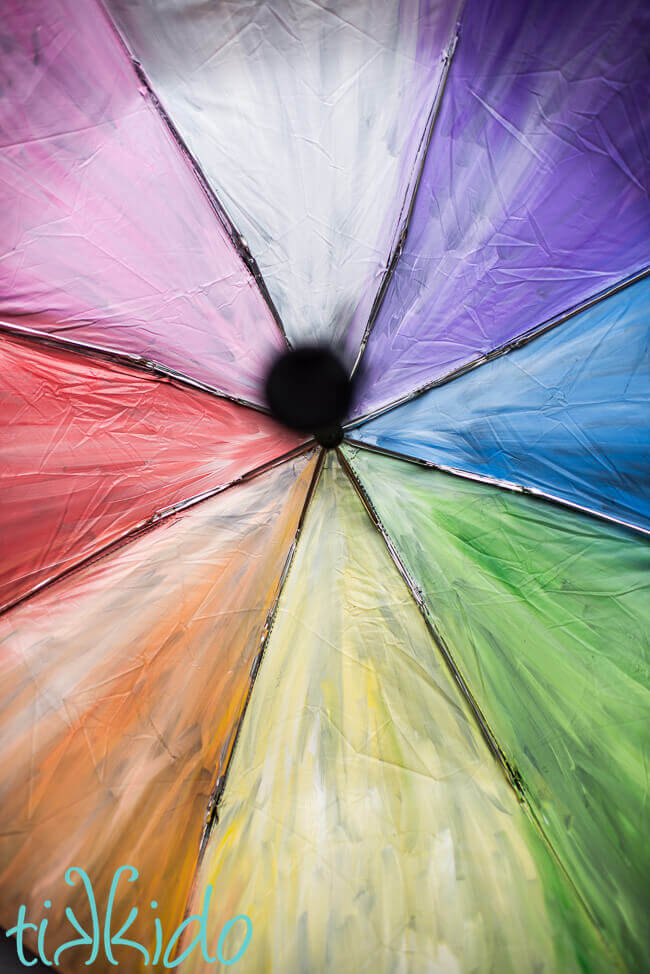 Underside of umbrella painted in a rainbow of colors.