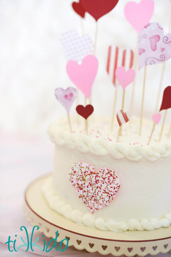 Easy Valentine's Day Cake decorated with paper heart Valentine's Day Cake Topper.