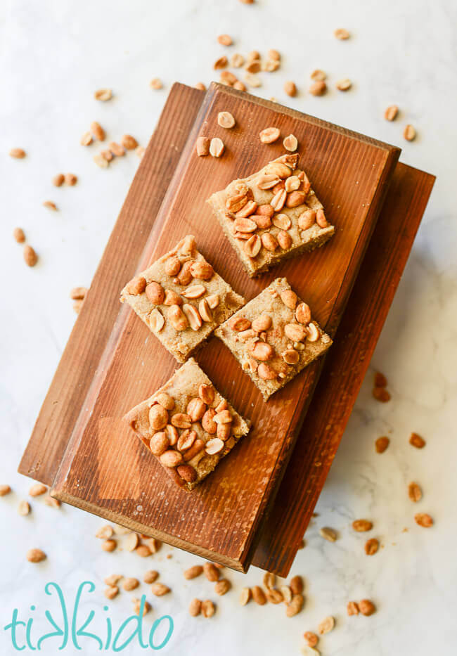 Peanut butter bar cookies on a miniature picnic table.