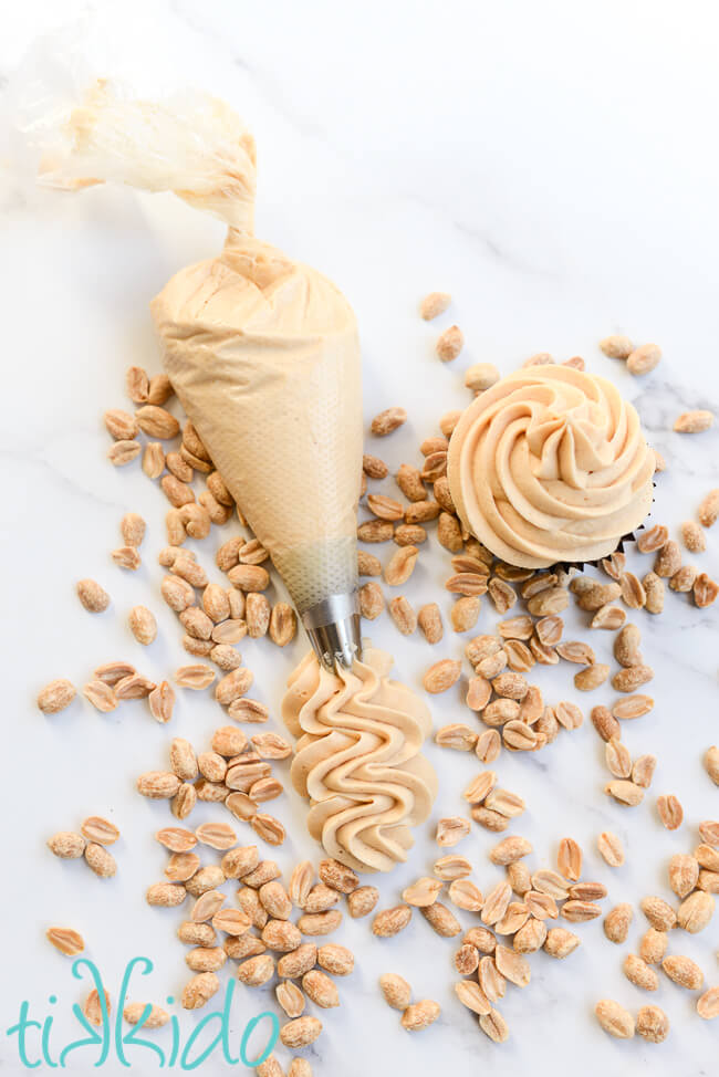 Overhead view of an icing bag full of Peanut Butter Frosting, a chocolate cupcake with peanut butter icing, and roasted peanuts.