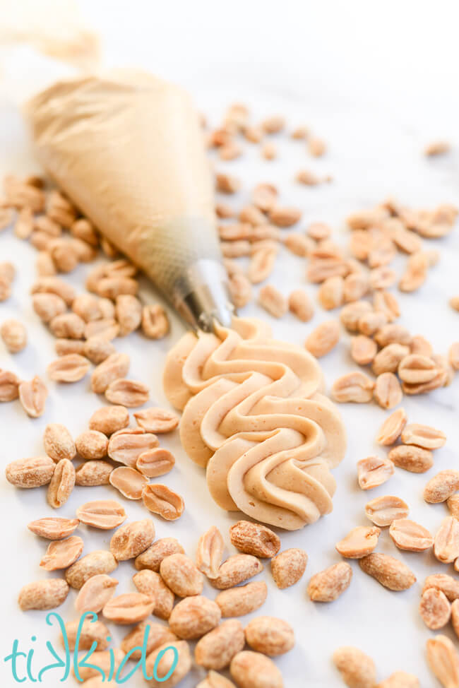 Swirl of peanut Butter Frosting piped on a marble surface, surrounded by roasted peanuts.