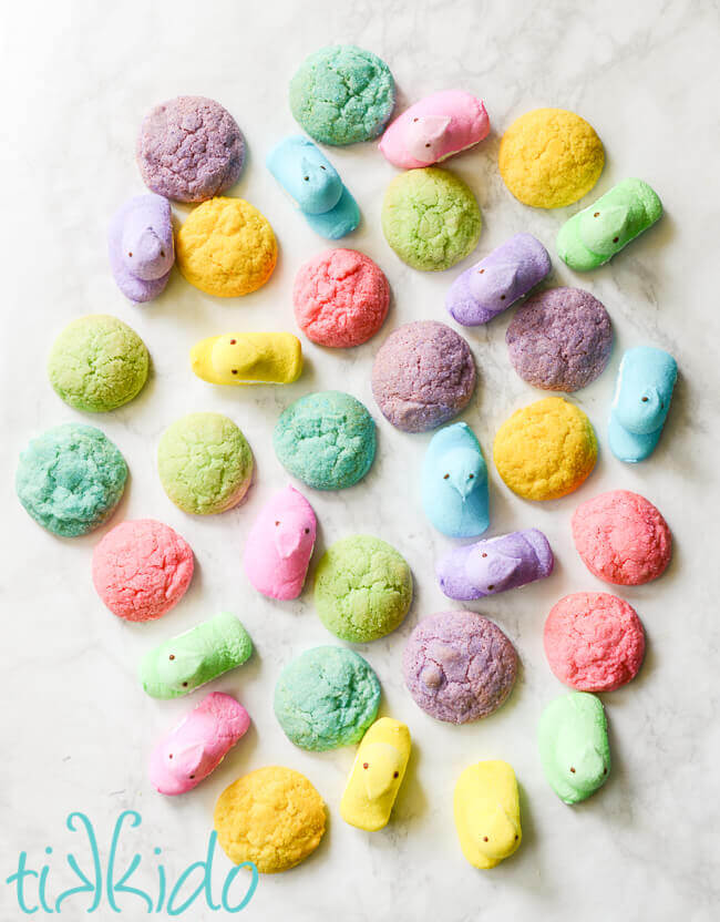 Sugar cookies made in the colors of peeps candies to make homemade Easter whoopie pies.
