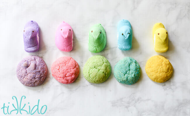 Sugar cookies colored the same color as Peeps candies, to make Easter whoopie pies.
