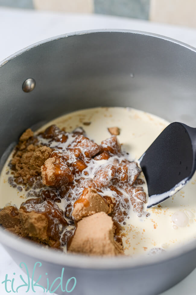 Ingredients for Penuche Fudge in a large saucepan.