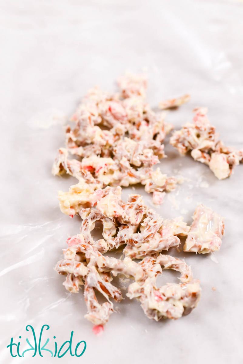 Leftover ingredients for peppermint white chocolate covered pretzels mixed together to make a delicious, but less pretty snack.