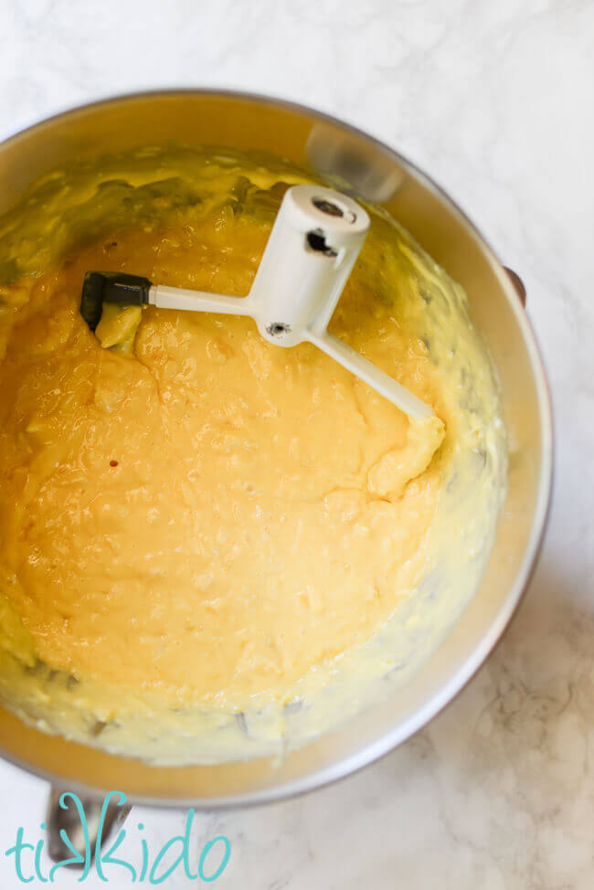 Pina Colada Cake batter in a mixer bowl