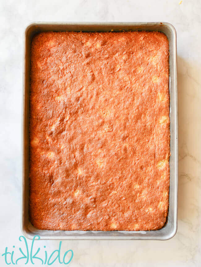 Pina Colada Cake baked in a 9x13 pan