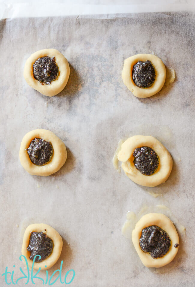 Unbaked poppy seed kolache shaped on a parchment lined cookie sheet.