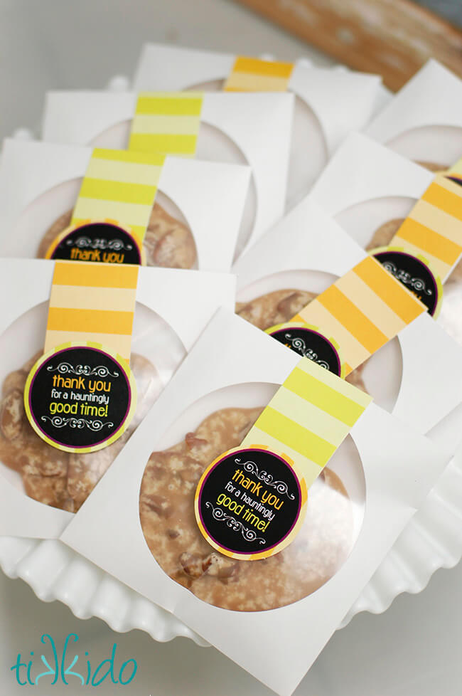 Homemade pralines packaged as favors in blank CD cases embellished with party printables.