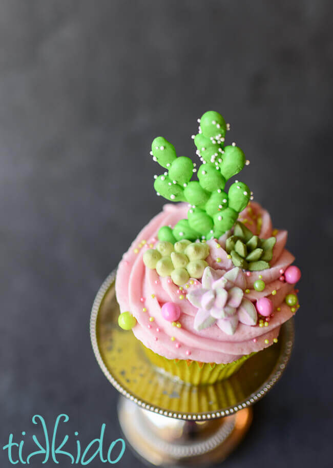 prickly pear cupcake topped with pink prickly pear icing, sprinkles, and royal icing cactus and succulents.