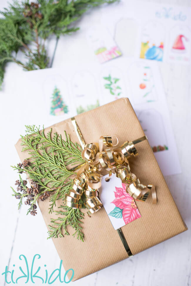 Printable Christmas Gift Tags used to wrap a Christmas present