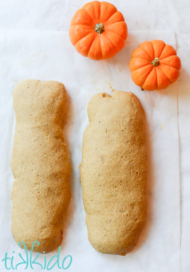 Two logs of pumpkin biscotti dough after the first bake.