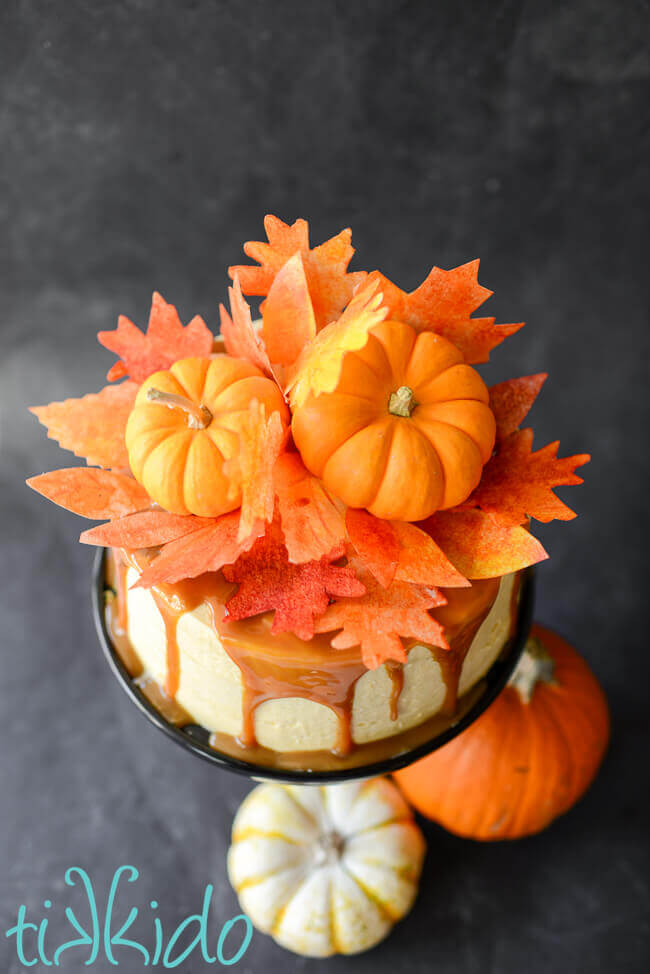 Fall vanilla spice cake iced with pumpkin pie cream cheese frosting.