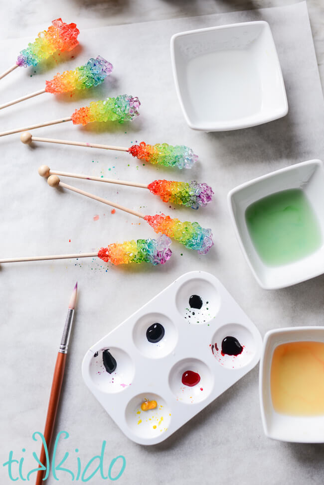 Rock candy being painted to make Rainbow Rock Candy