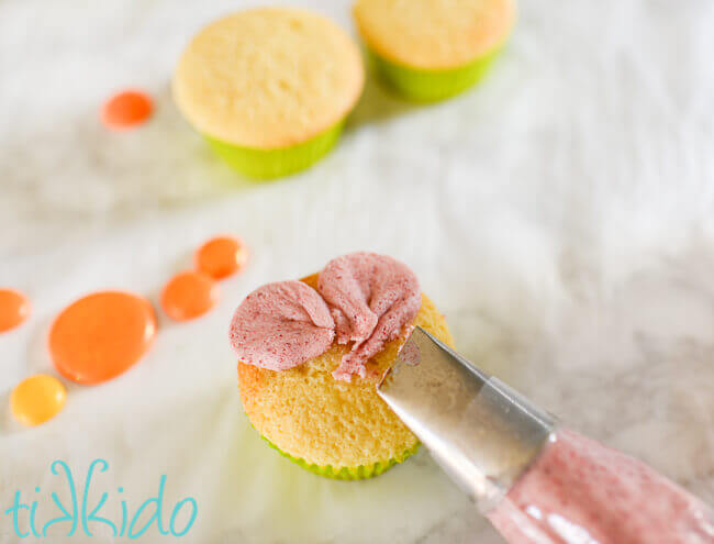 vanilla cupcakes in the process of being iced with a bag of raspberry icing using a large rose tip.