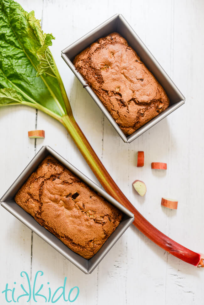 two baked loaves of rhubarb quick bread on a white wooden surface, with a fresh stalk of rhubarb and slices of rhubarb surrounding the pans.