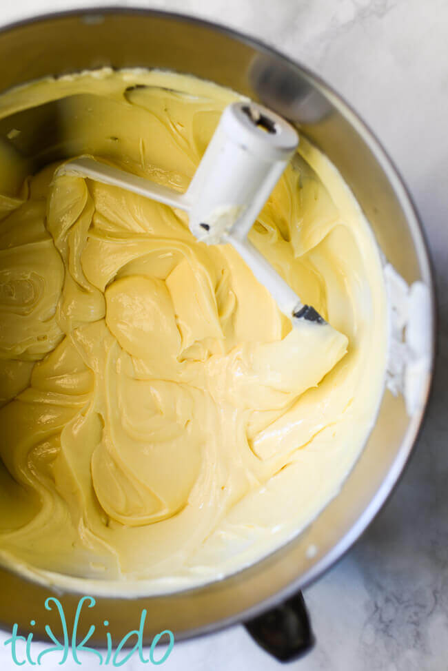 Cheesecake bars filling in a mixing bowl.