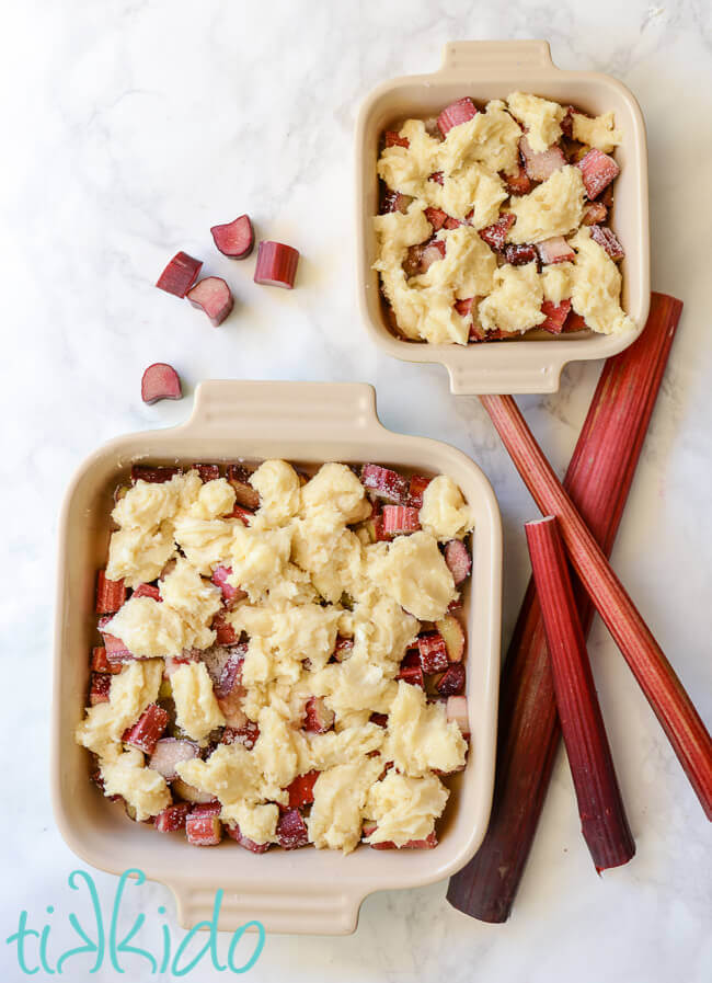 Unbaked rhubarb cobbler in two square baking dishes, surrounded by stalks and slices of fresh rhubarb.