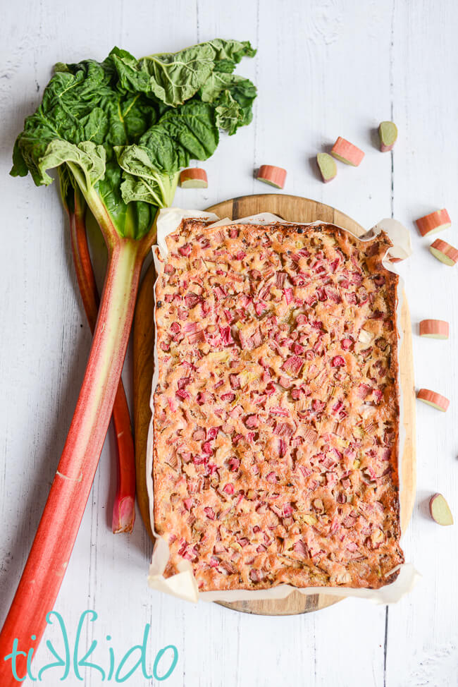 Cooled rhubarb custard bars removed from the baking pan and sitting on a wooden cutting board surrounded by fresh rhubarb.