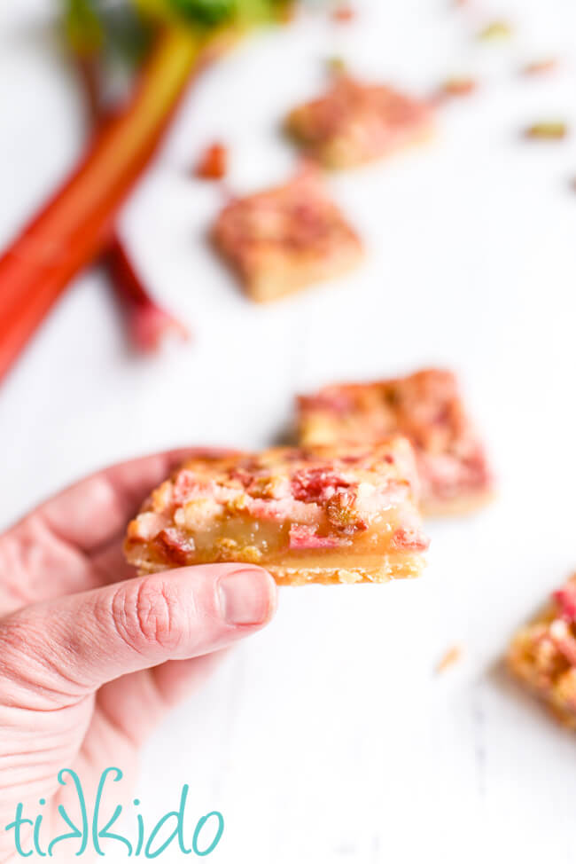 Hand holing a rhubarb custard bar cookie up to the camera so you can see the three distinct layers.