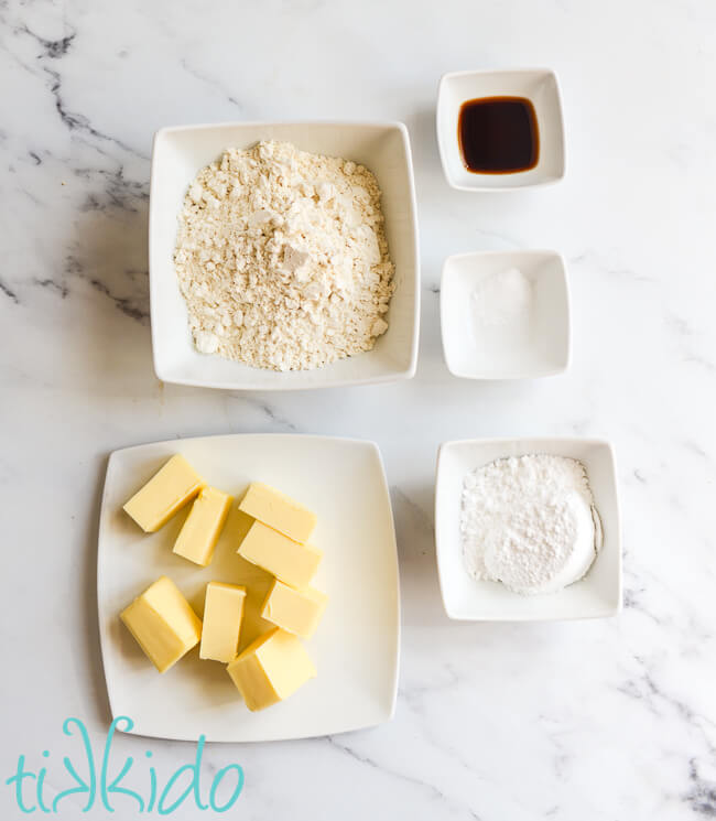 Ingredients for the shortbread crust layer of a Rhubarb Custard Bars Recipe.