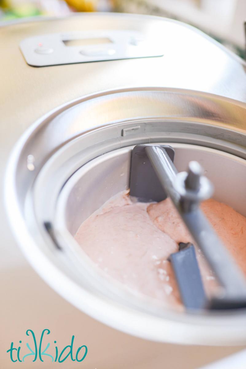 Rhubarb ice cream mixture ready to churn in a Cuisinart ice cream maker.