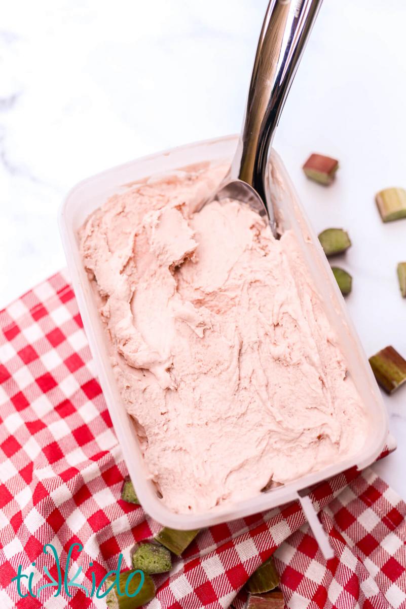 Freezer container filled with homemade rhubarb ice cream sitting on a red and white gingham cloth.  A silver ice cream scoop sits in the container of ice cream and fresh chunks of rhubarb are scattered around the container.