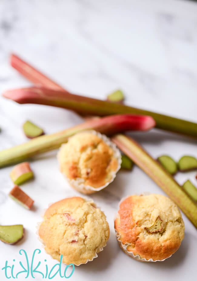 Three rhubarb muffins surrounded by slices and stalks of fresh rhubarb.