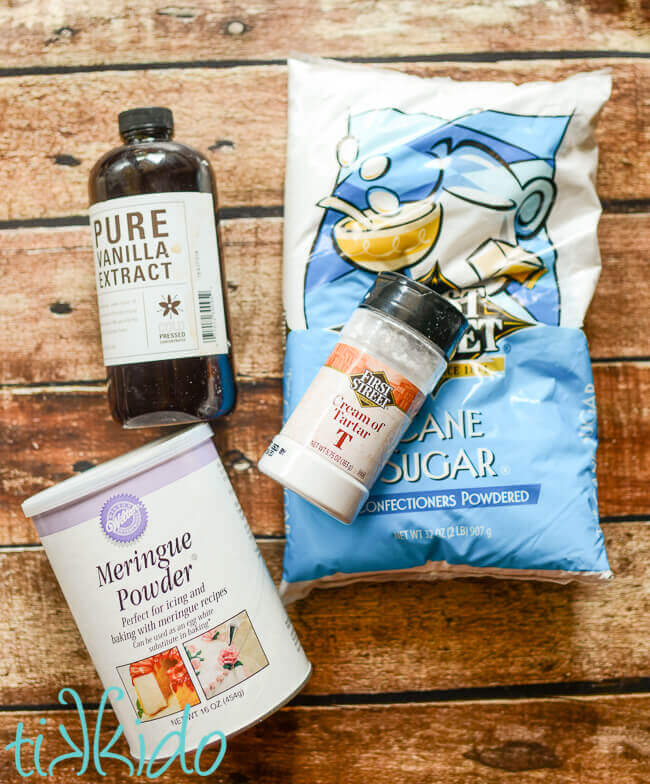 Ingredients for Royal Icing Recipe on a wooden surface.