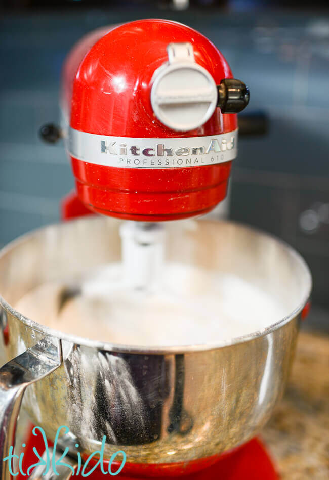 Red kitchenaid mixer making Royal Icing Recipe