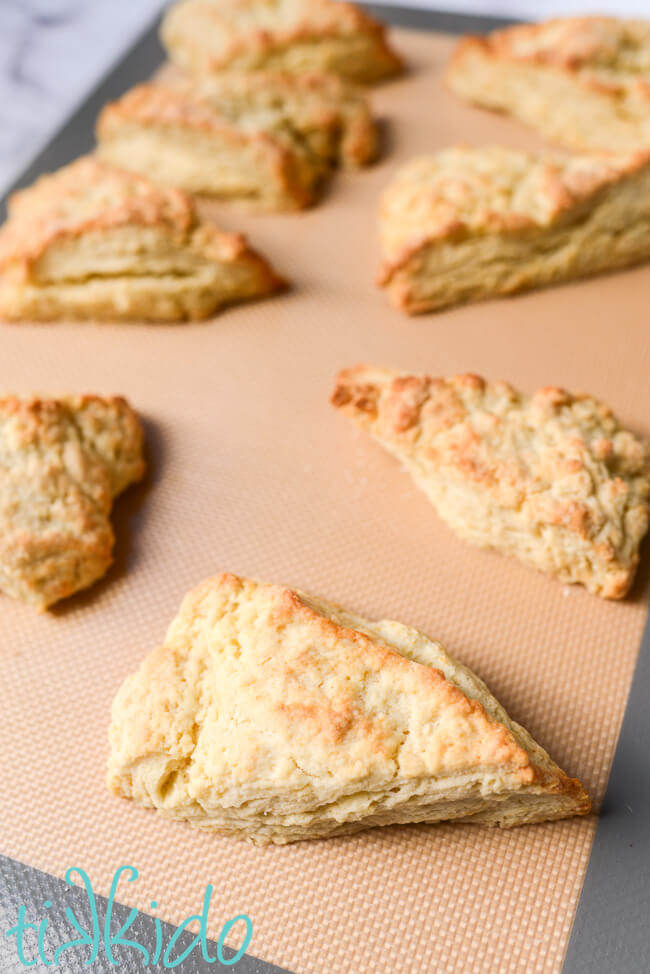 Easy scones baked on a silpat lined baking sheet.