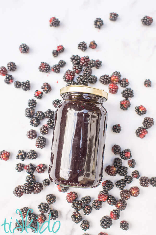 Jar of homemade blackberry jam surrounded by fresh blackberries.
