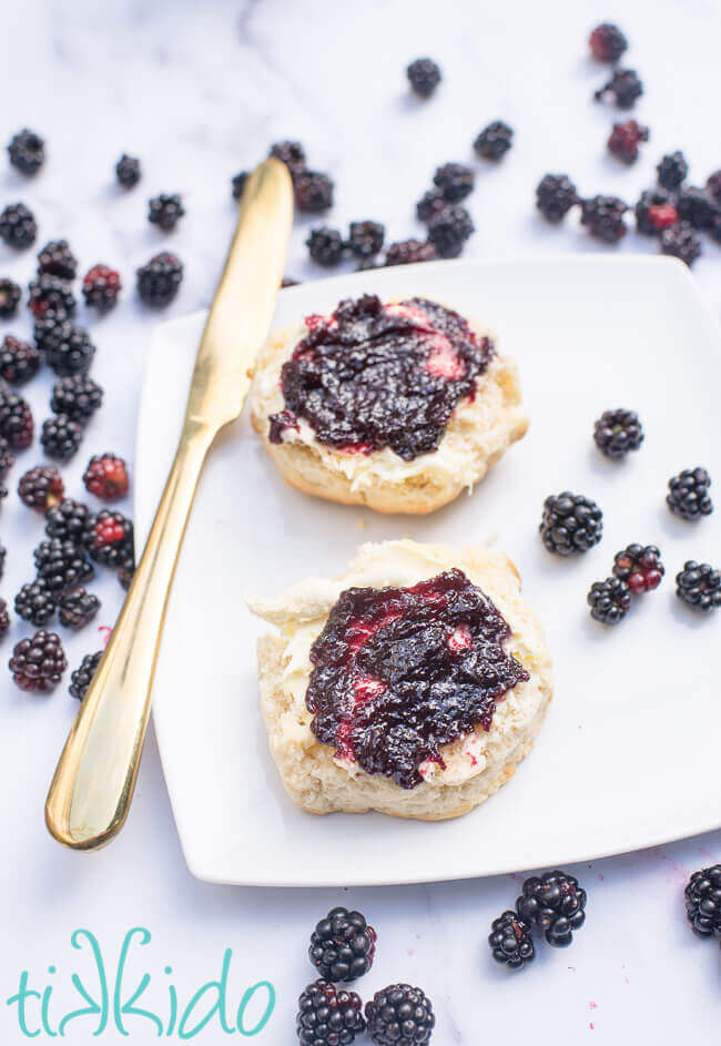 Two scones slathered in clotted cream and seedless blackberry jam, on a white plate, surrounded by fresh blackberries and a golden knife.