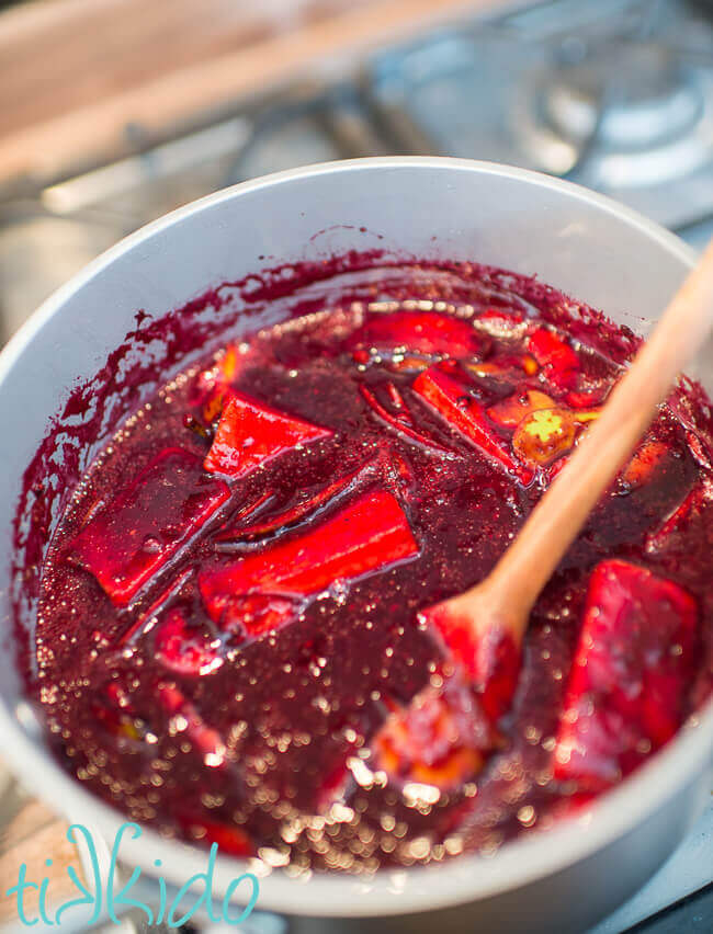 Homemade Seedless Blackberry Jam cooking in a saucepan.