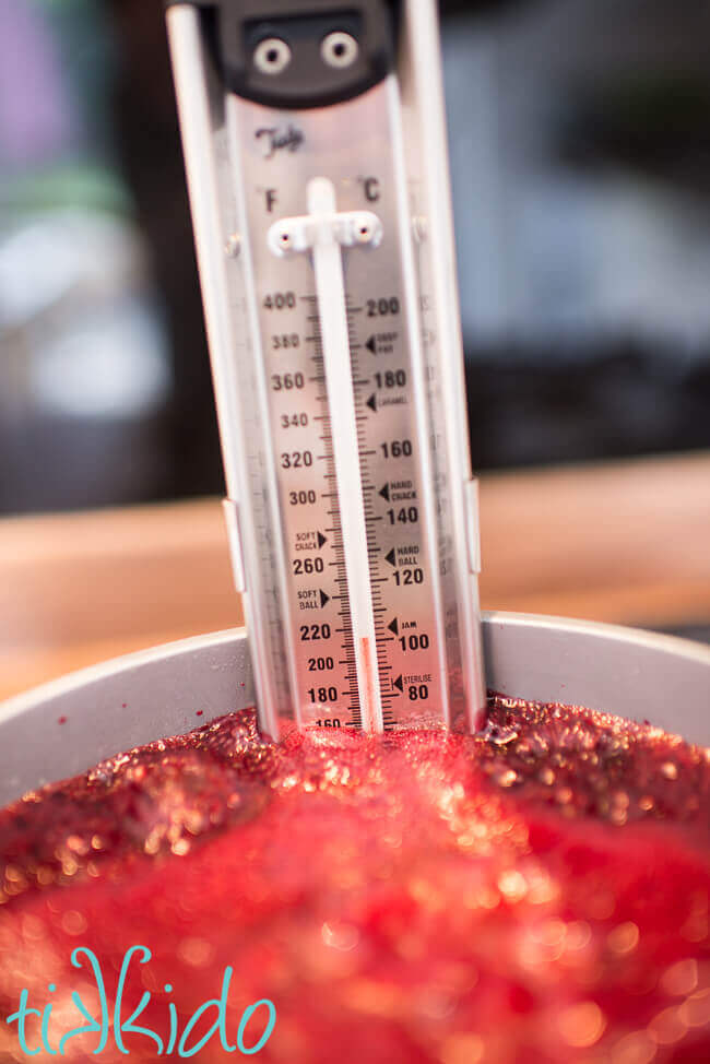 Homemade blackberry jam cooking in a saucepan with a candy thermometer.