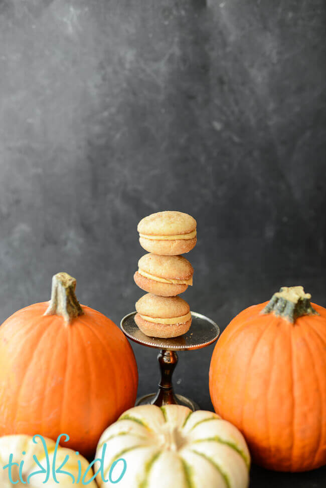 Stack of snickerdoodle pumpkin whoopie pies surrounded by pumpkins.