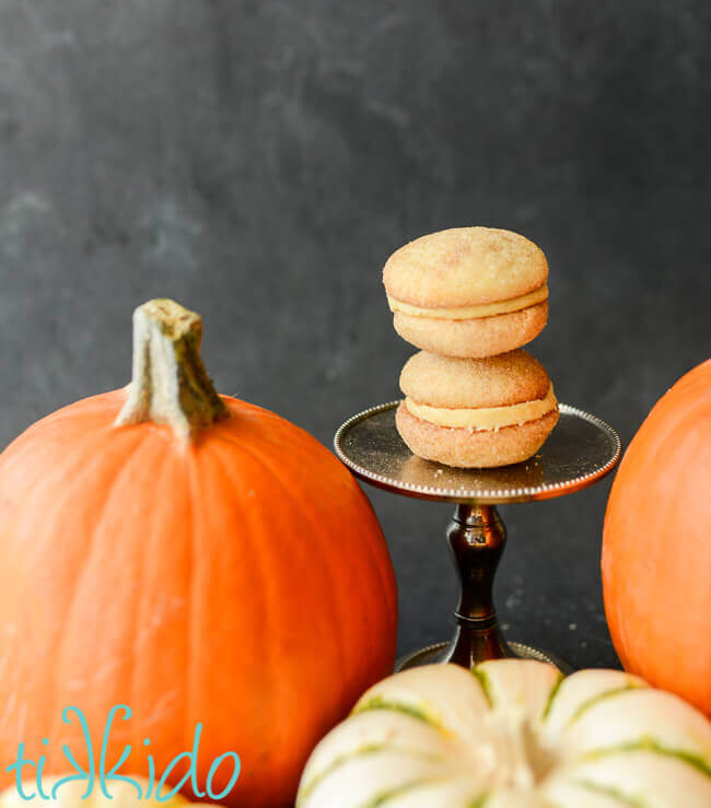 Snickerdoodle whoopie pie cookies filled with pumpkin pie frosting.