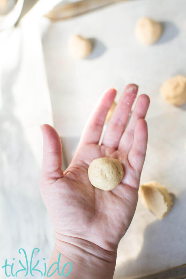 Snickerdoodle cookie dough being rolled into balls for the snickerdoodle cookie recipe.