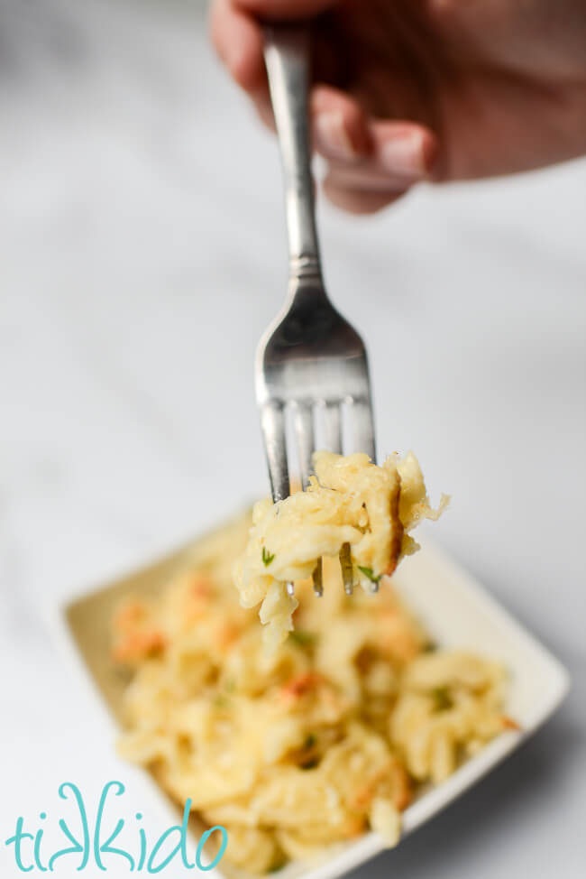 Fork loaded with kaese spaetzle above a bowl of kaesespaetzle