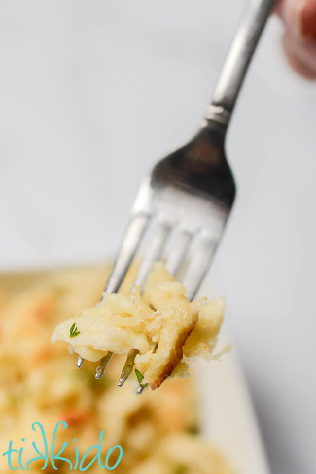 Close up of fork with kaesespaetzle.