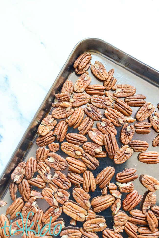 Pecans being toasted for Recipe for Sticky Buns.