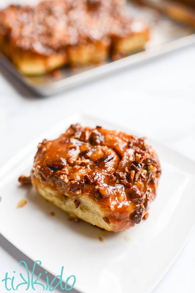 Pecan sticky bun on a white plate in front of a pan of sticky buns.