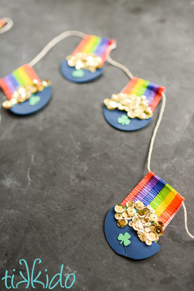 Pot of Gold and Rainbow St. Patrick's Day garland displayed on a black chalkboard 