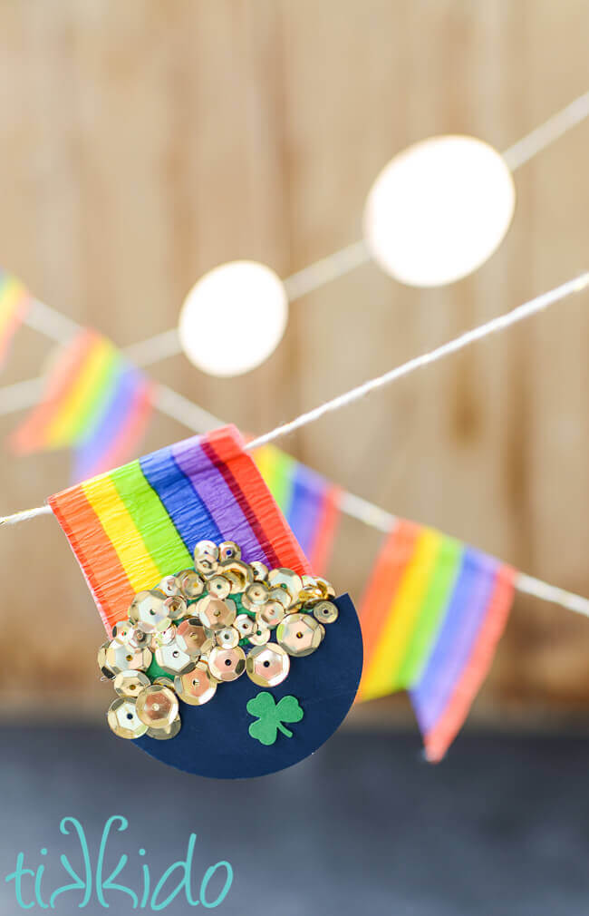Three layered St. Patrick's day garland featuring rainbows and pots of gold.
