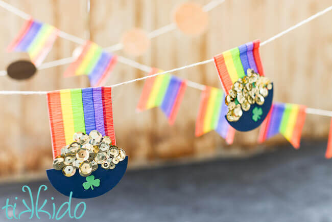 Three layered St. Patrick's day garland featuring rainbows and pots of gold.