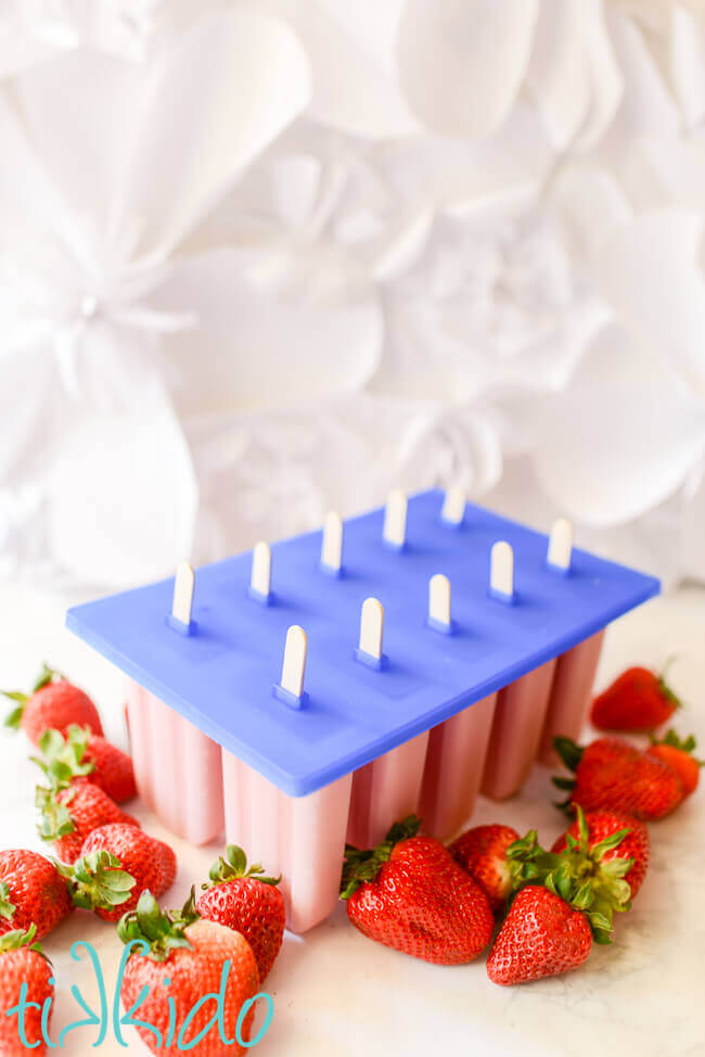 Strawberries and Cream Popsicles in a popsicle mold surrounded by fresh strawberries.