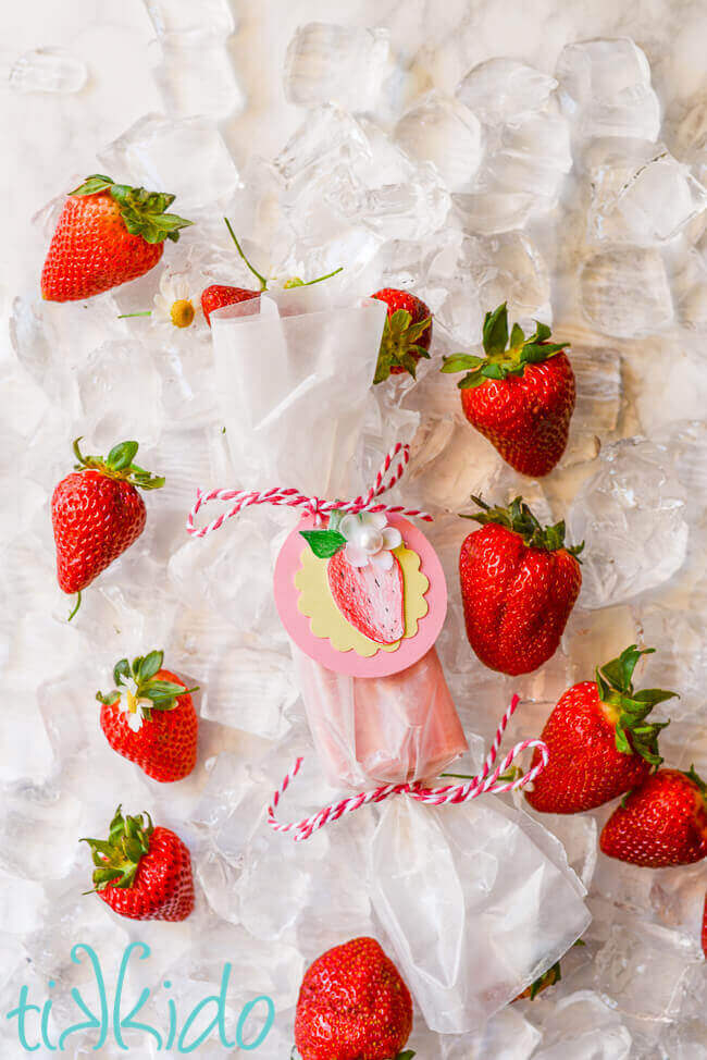 Strawberries and Cream Popsicle wrapped in waxed paper and tied with a strawberry tag.
