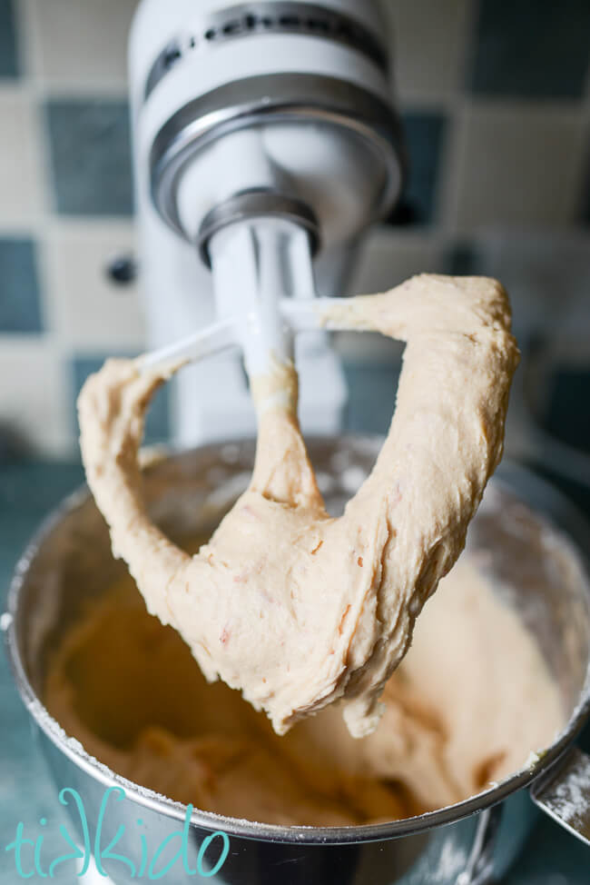 Strawberry bread batter mixed in a Kitchenaid Mixer.